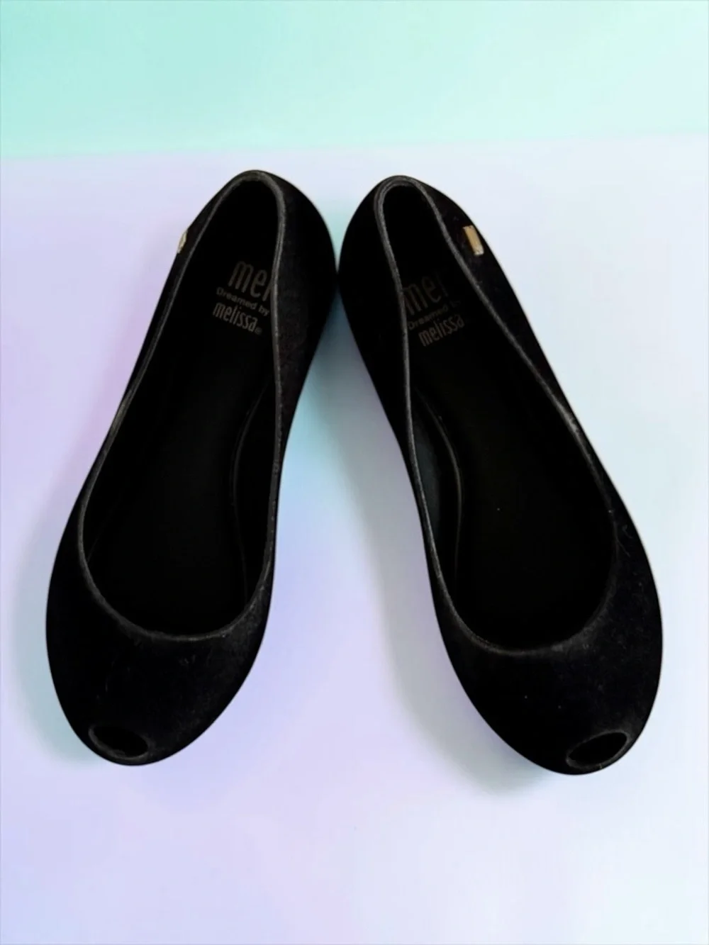 Mini Melissa Peep‑Toe Flats Black Velvet Matte Girls Size 13 Like New